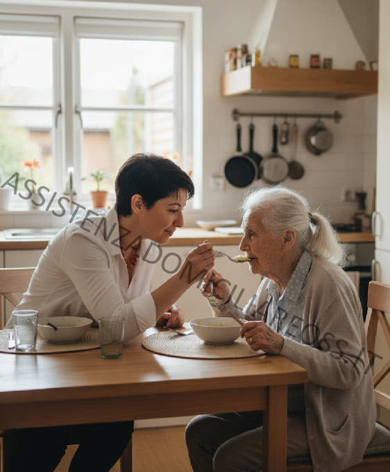 Oss che aiuta anaziana a mangiare